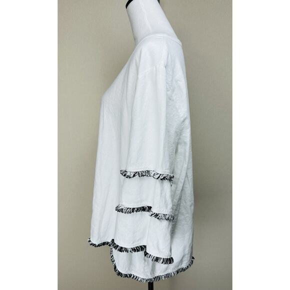 Cynthia Rowley Top Women's 2X Linen Cotton White Black Boho Fringe - Picture 7 of 12